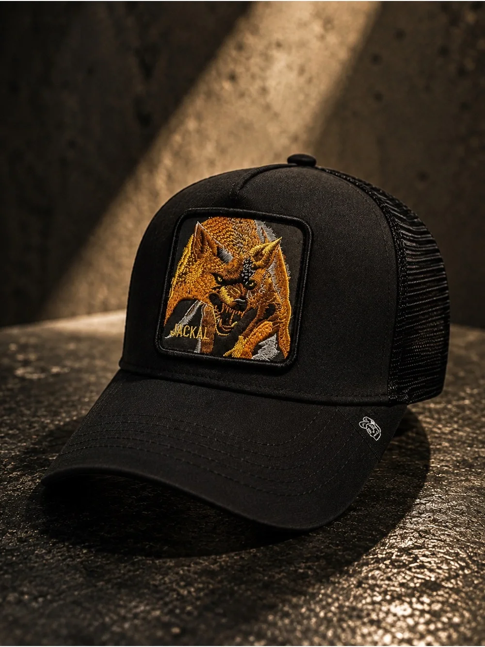 Trucker Hat with Embroidered Jackal Patch black cap